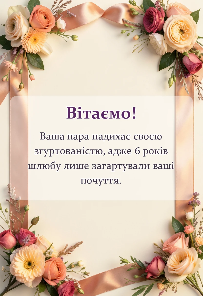листівка з побажанням - привітання з річницею весілля 6 років своїми словами