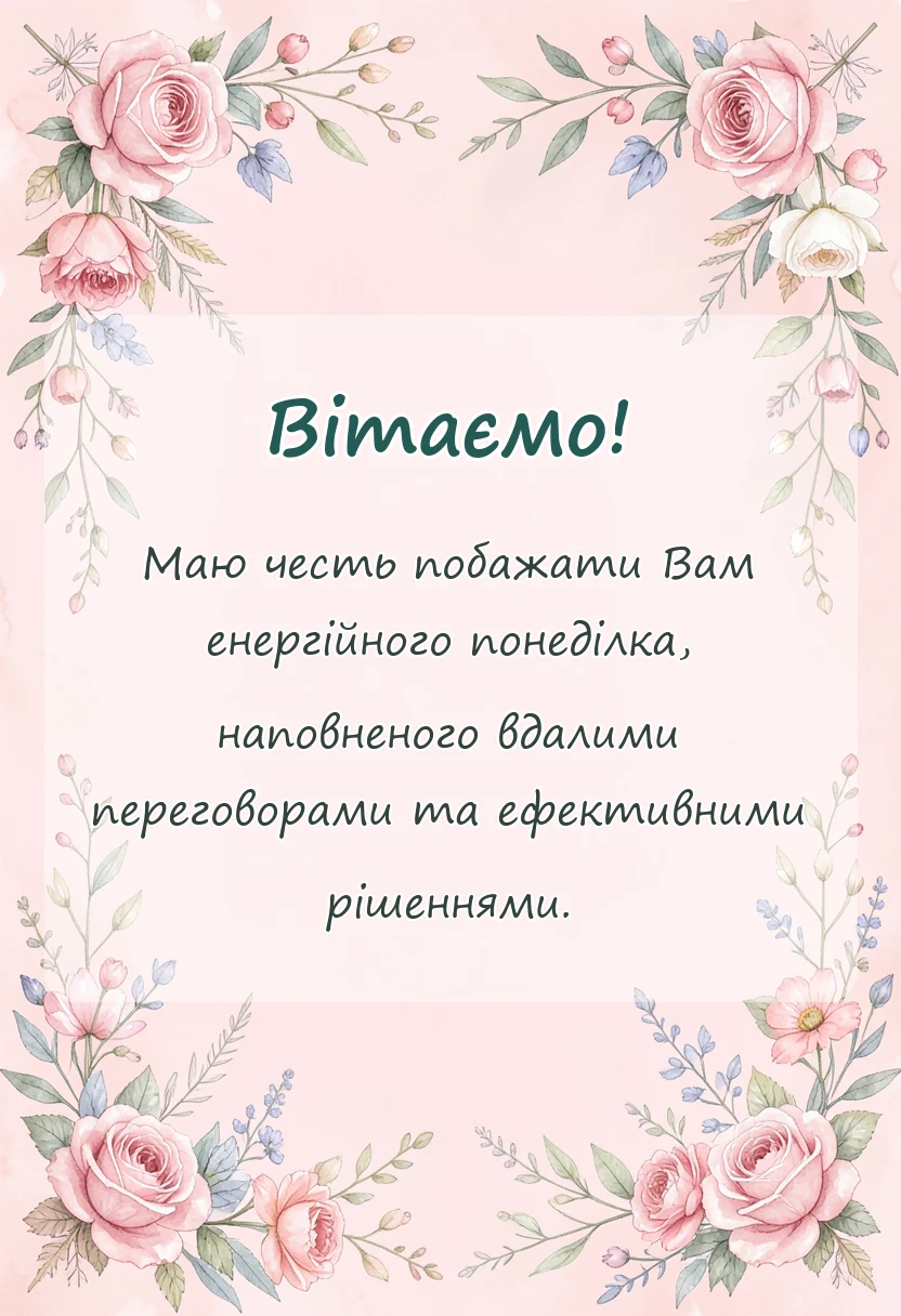 вітальна листівка - побажання гарного понеділка та вдалого тижня