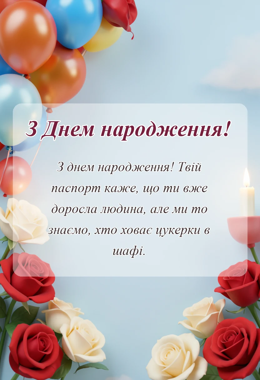 листівка з побажанням - привітання з днем народження вісімнадцятиріччя від мами і тата