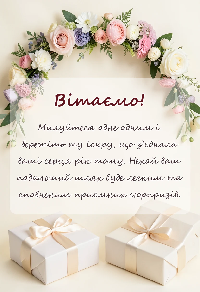 вітальна листівка - привітання з річницею весілля 1 рік ситцеве весілля