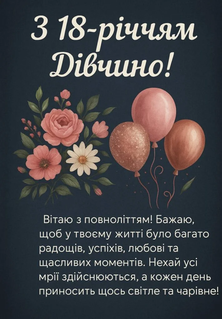 Картка з привітанням на 18 років для дівчини