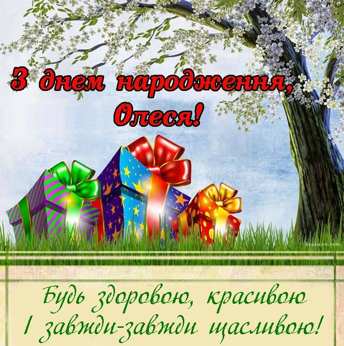 Привітання з днем народження Олесі, подарунки під квітучим деревом.