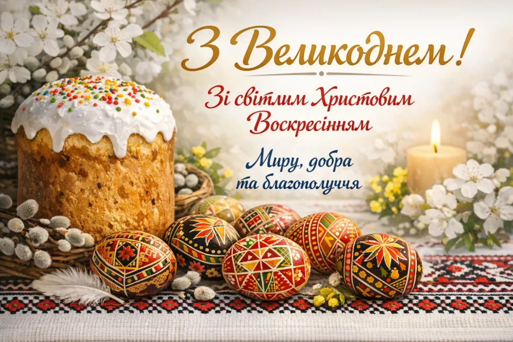 Великоднє привітання з куличем та писанками на фоні квітів.