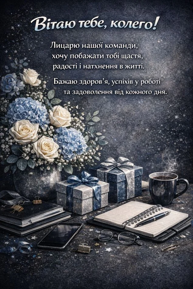 Квіти, подарунки та записна книжка на темному фоні з привітанням колезі.