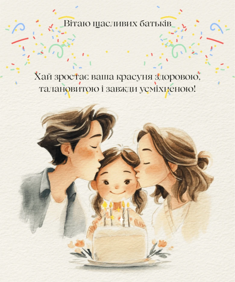 Сім'я вітає доньку з днем народження та бажає їй щастя.