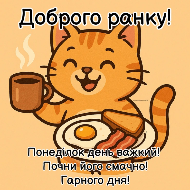 Кіт з сніданком та кавою для доброго понедількового ранку.