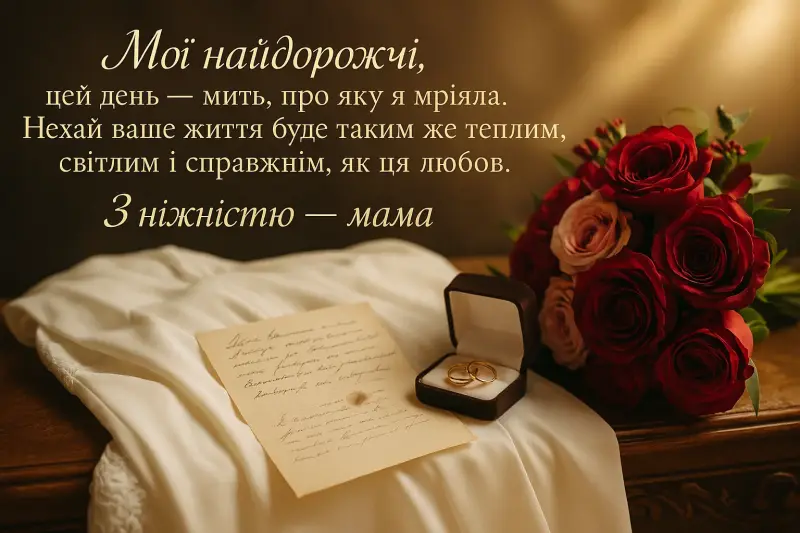 Весільна картка з трояндами та кільцями від мами