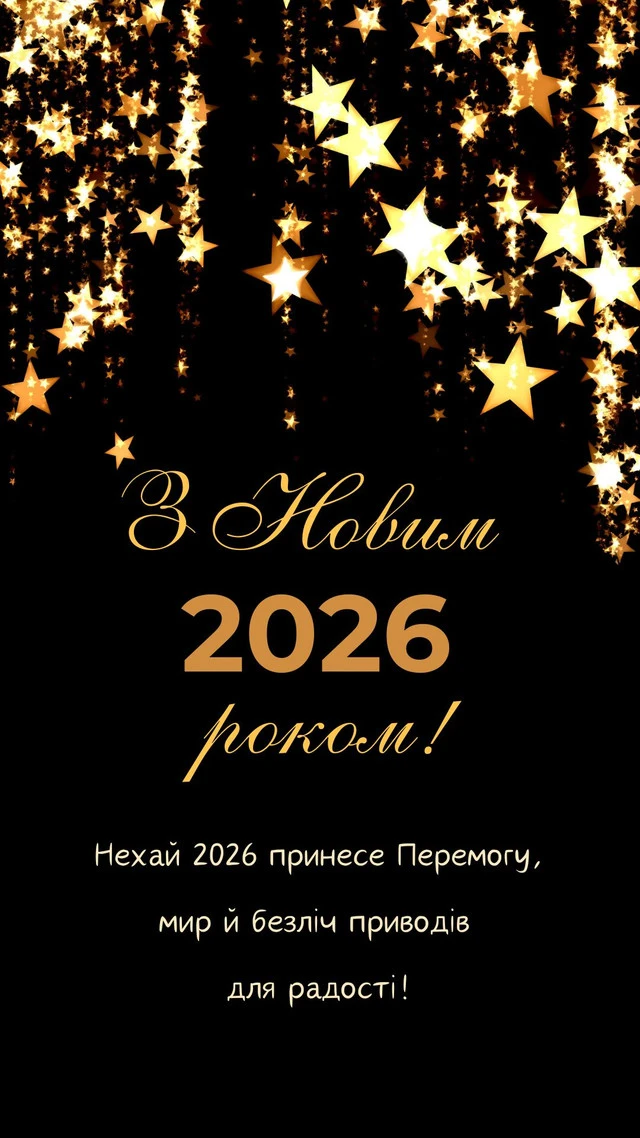 Золоті зірки на чорному фоні з привітанням Новий Рік 2026.