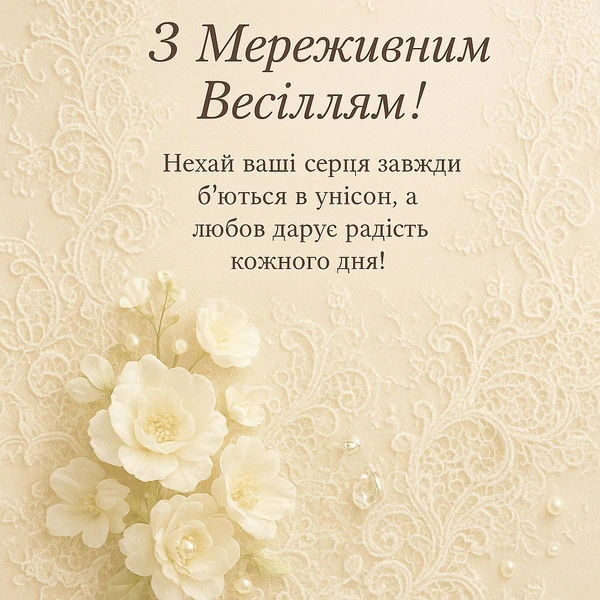 Привітання на мереживне весілля з білими квітами.