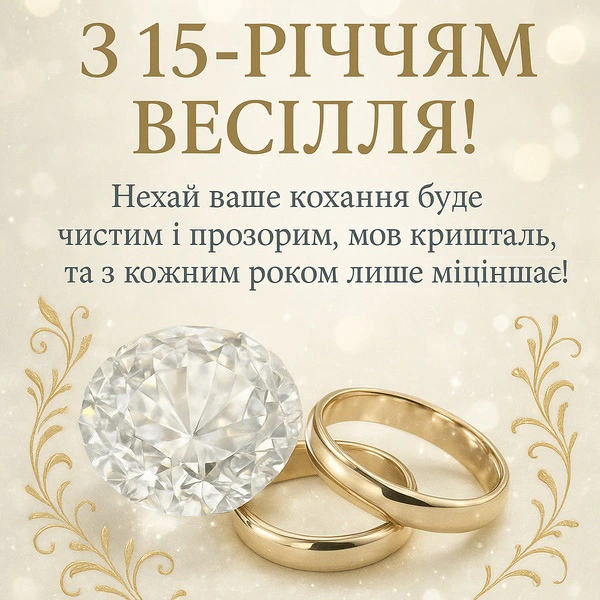 Картка з нагоди весільної річниці, криштальне кільце та напис українською.