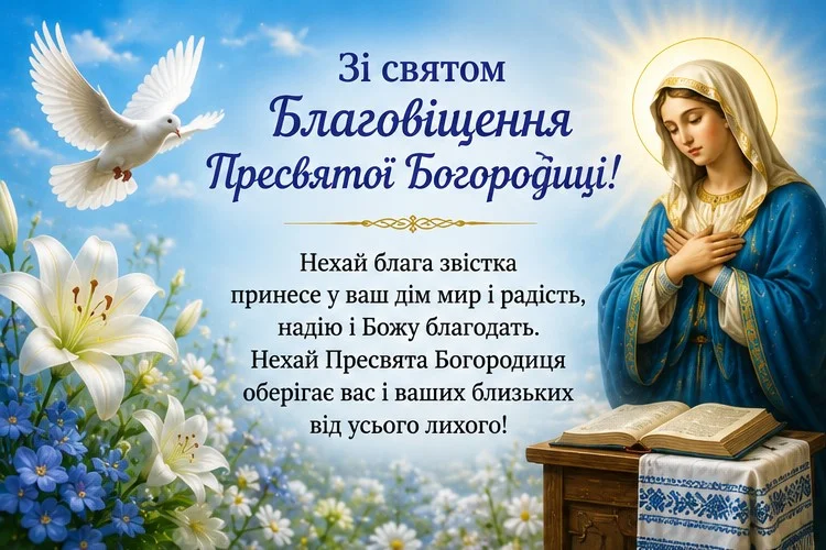 Вітальна картка на Благовіщення з Матір'ю Божою та квітами.