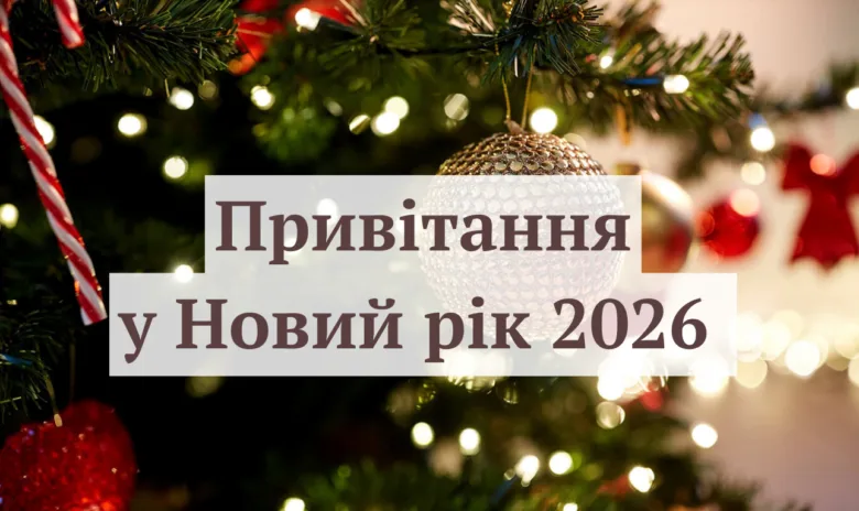 Новорічне привітання на фоні прикрашеного ялинки з написом Привітання у Новий рік 2026