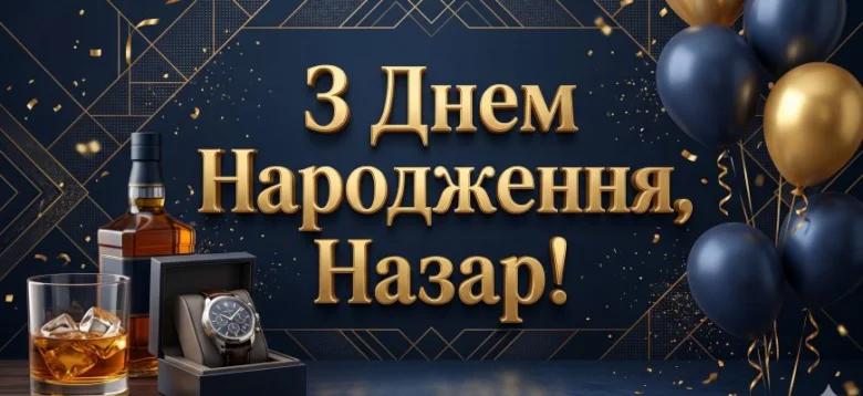Привітання з днем народження Назару: віскі, годинник та кульки.