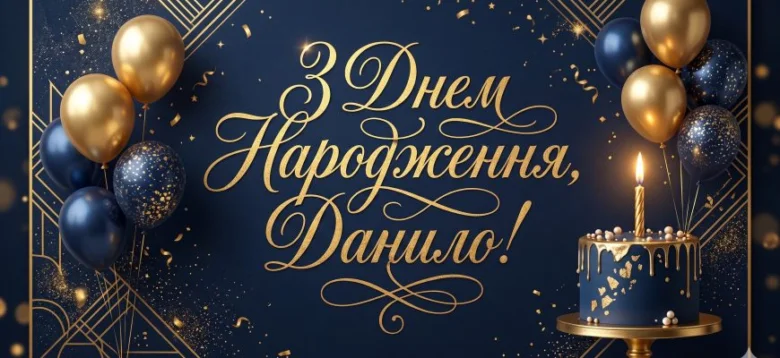 Привітання з днем народження Данило на синьому фоні
