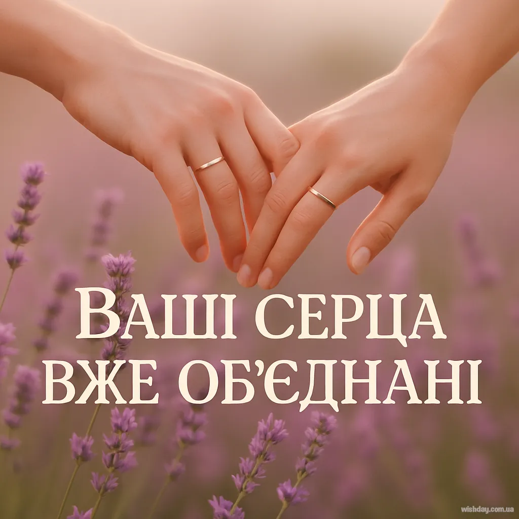 Дві руки з обручками над лавандою - символ об'єднаних сердець.