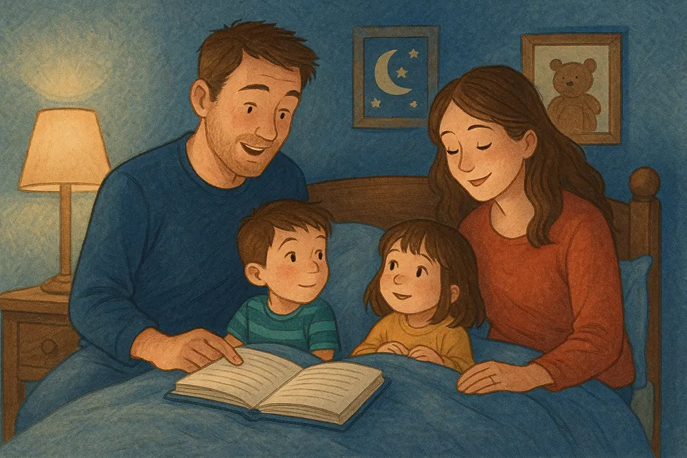 Family reading book in bed