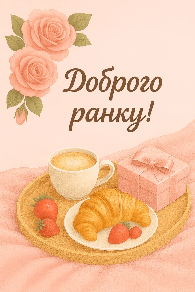 Доброго ранку! Кава, круасан та квіти на підносі.