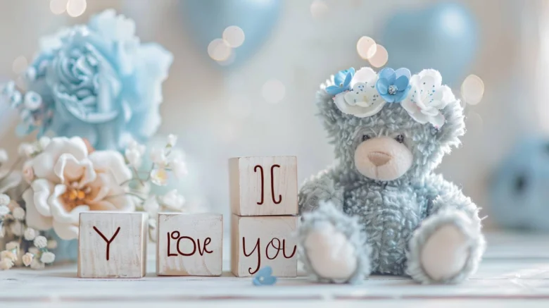 Мішка в квітах поруч із блоками з написом I love you.