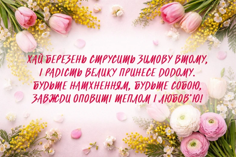 Квіти та вітання з 8 Березня українською мовою.
