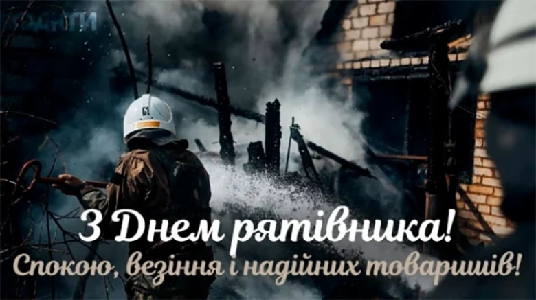 Вогнегасник гасить пожежу на фоні диму та руїн.