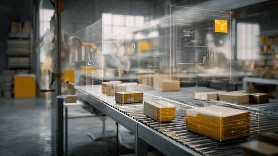Сучасний склад з конвеєром та цифровими інтерфейсами для аналізу логістики.