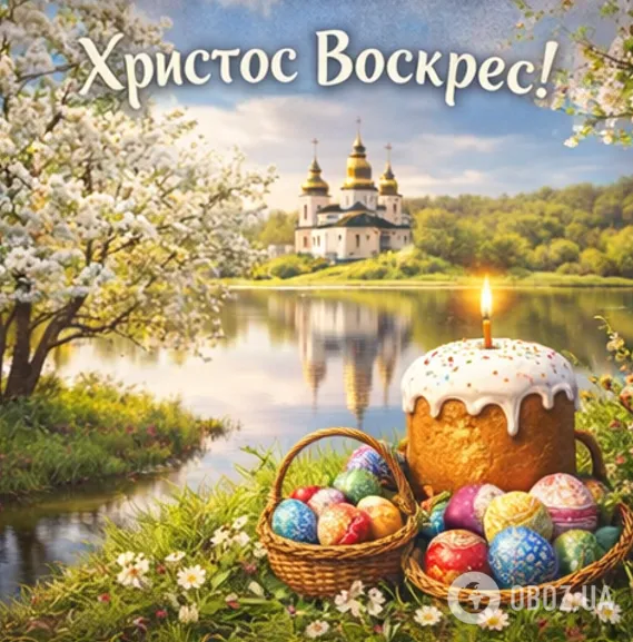 Великдень: церква, яйця та паска на березі озера.