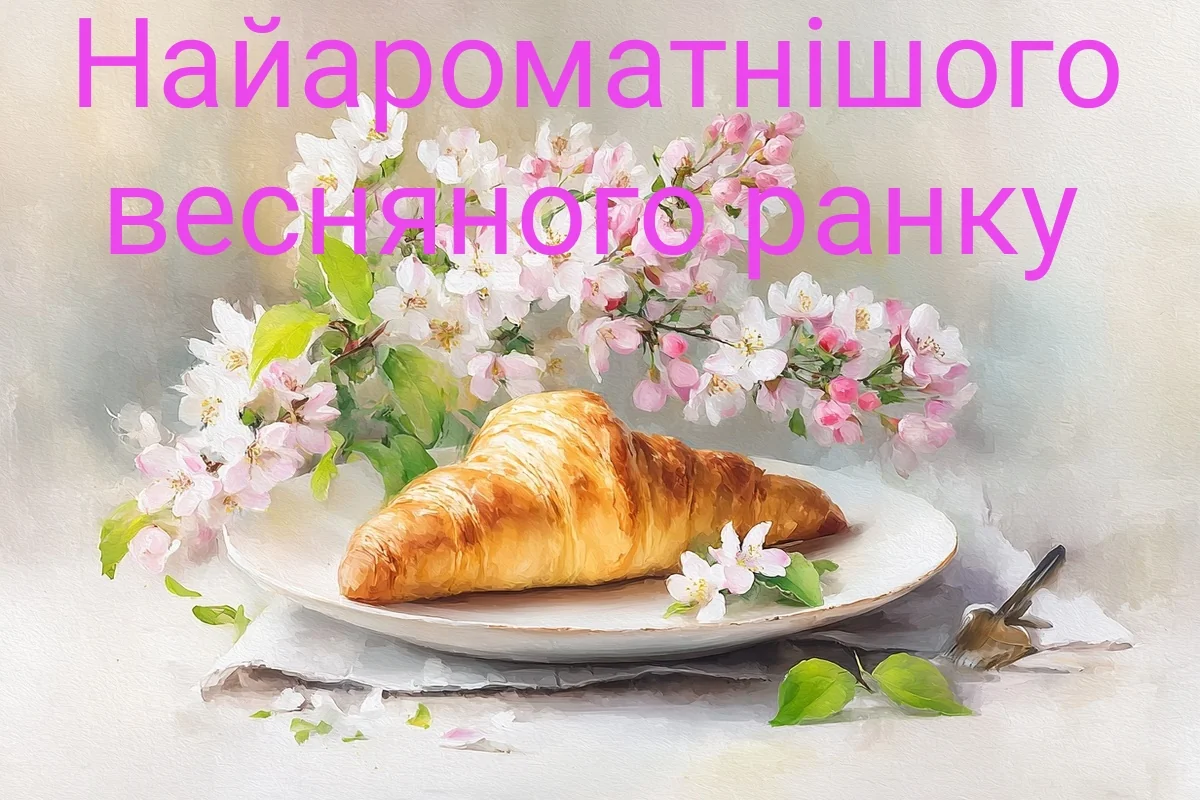 Круасан на тарілці з квітами та побажанням доброго ранку.
