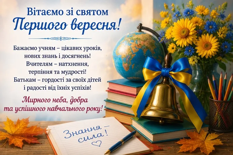 Вітальна картка до Першого вересня з глобусом та квітами.