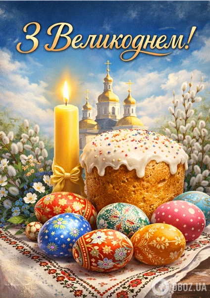Великодні яйця, кулич та церква на фоні неба.