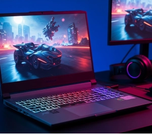 Геймерський ноутбук Acer з підключеним монітором та навушниками.