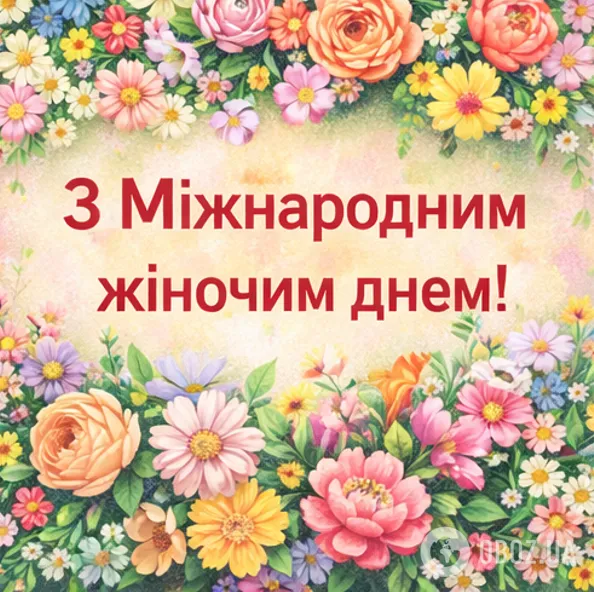 Квіти та привітання з Міжнародним жіночим днем на українській.